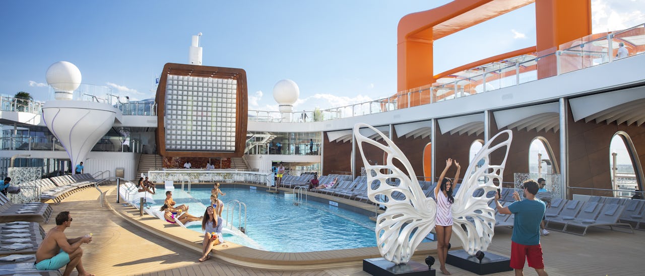The pool area features one of the longest pools at sea