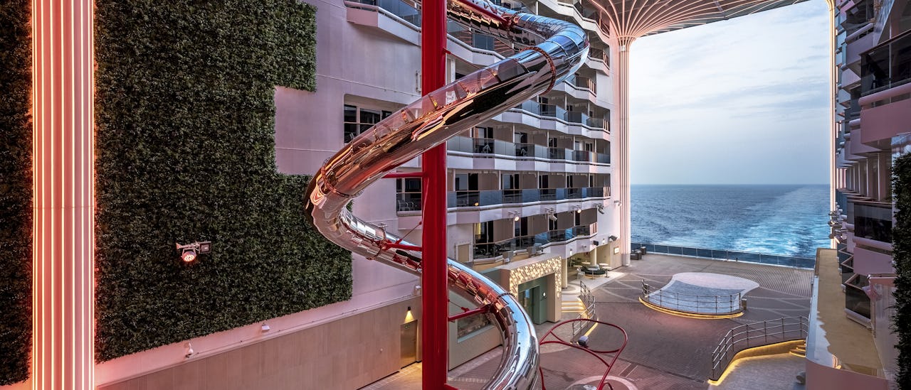 The Spiral which is an 11-deck state-of-the-art slide made of stainless is the centerpiece of the promenade
